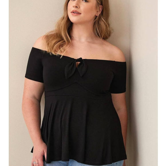 Torrid 6 (6X) Sexy Off Shoulder‎ Black Tie Front Rockabilly Pin Up Babydoll Top - Picture 1 of 3